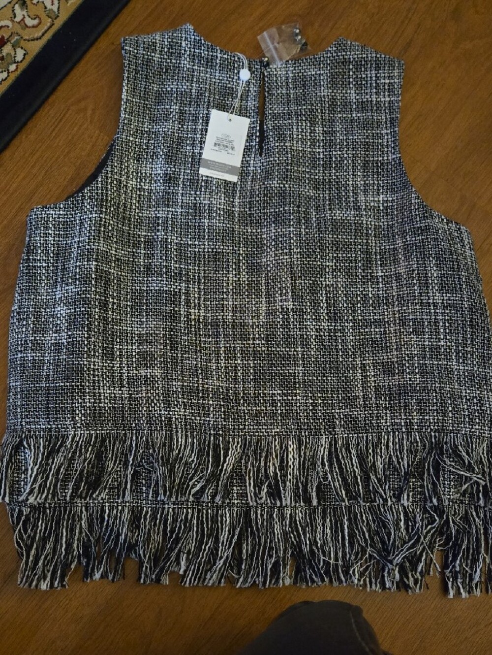 Mud Pie Black & White Tweed 2 Row Fringe Hem Sleeveless Top Fully Lined Sz L NEW - Picture 4 of 8